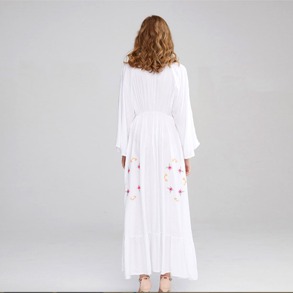 White Bohemian Cotton Embroidery Loose Maxi Dress