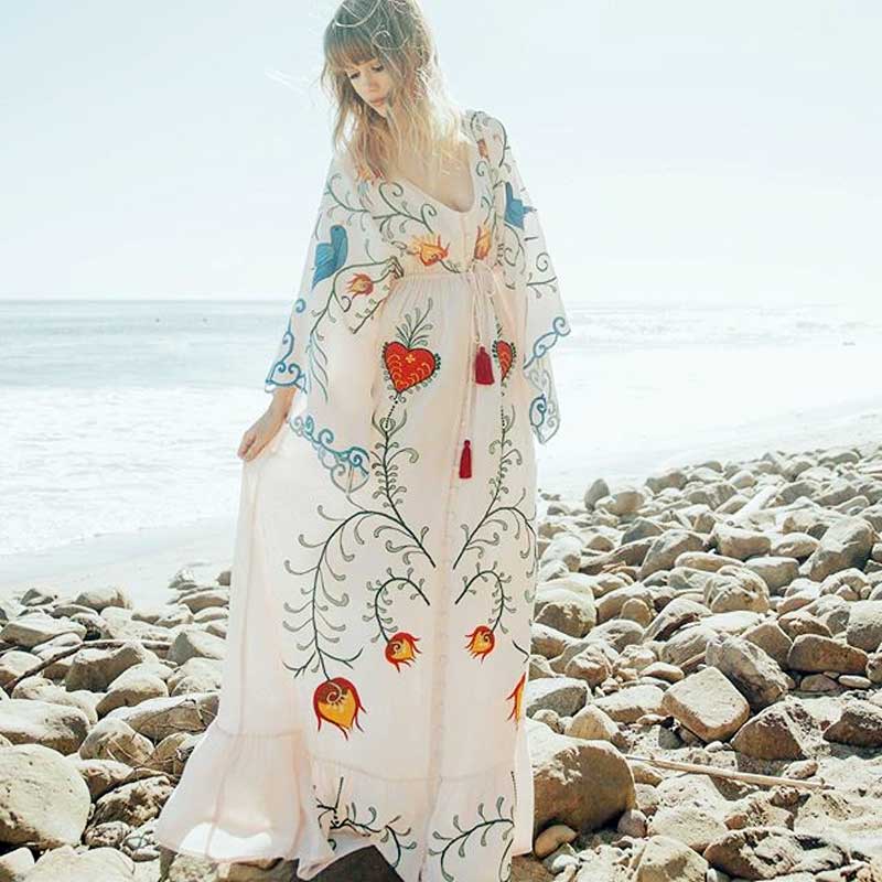 Bohemian Embroidered Flora & Fauna Maxi Kimono - Exquisite, Versatile Cover-Up