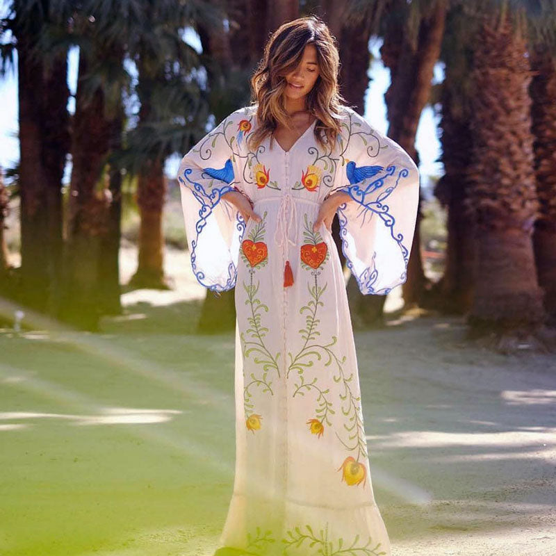 Bohemian Embroidered Flora & Fauna Maxi Kimono - Exquisite, Versatile Cover-Up