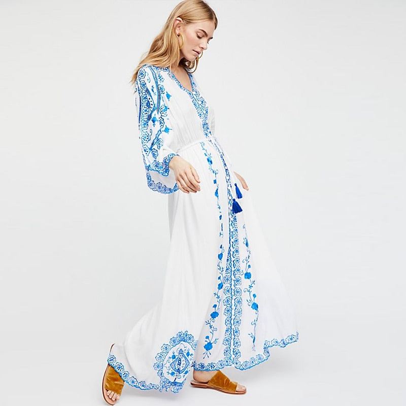 Bohemian Cotton Blue and White Porcelain Embroidery Maxi Dress with Flared Sleeves