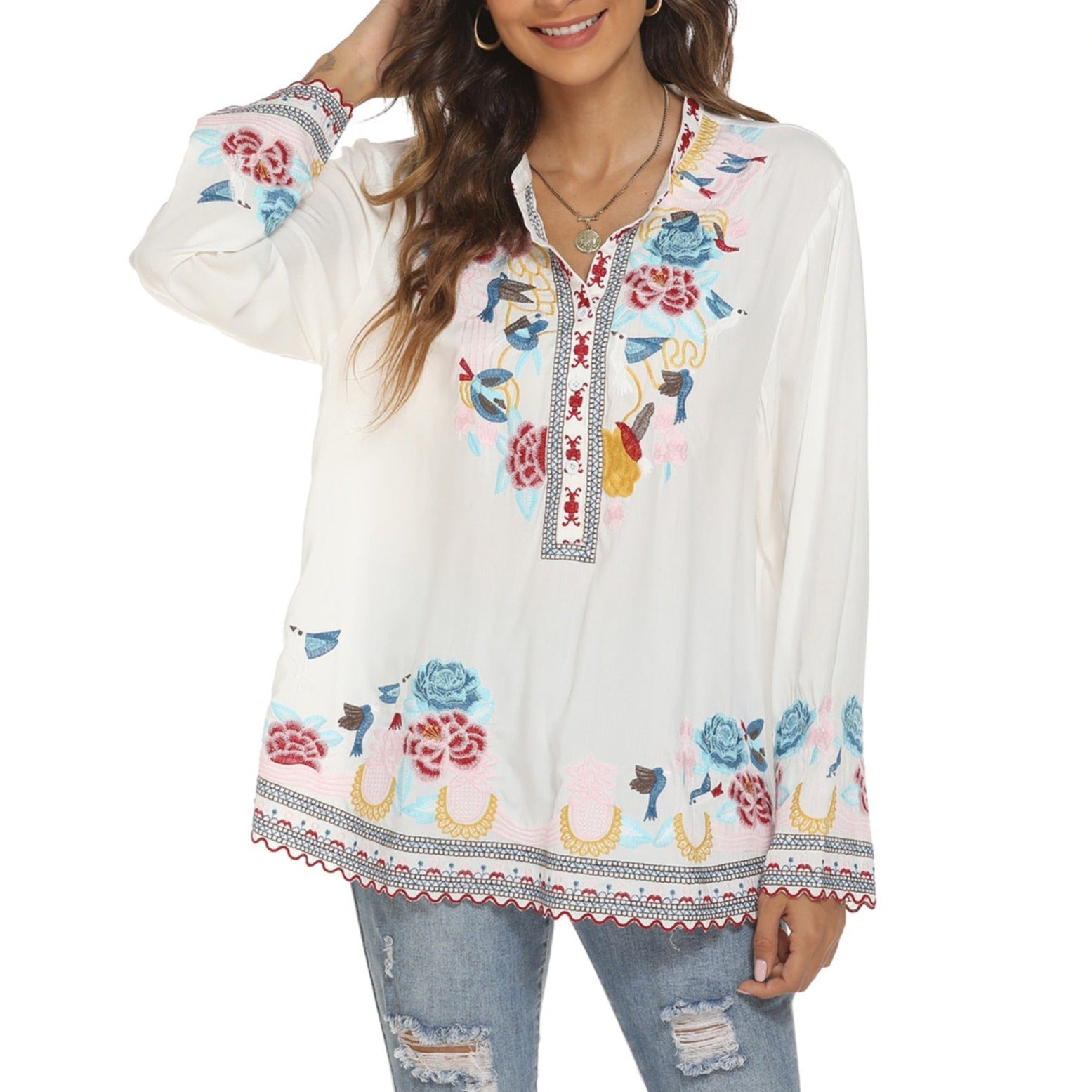 Flowers and Birds Embroidered Long Sleeve Tunic
