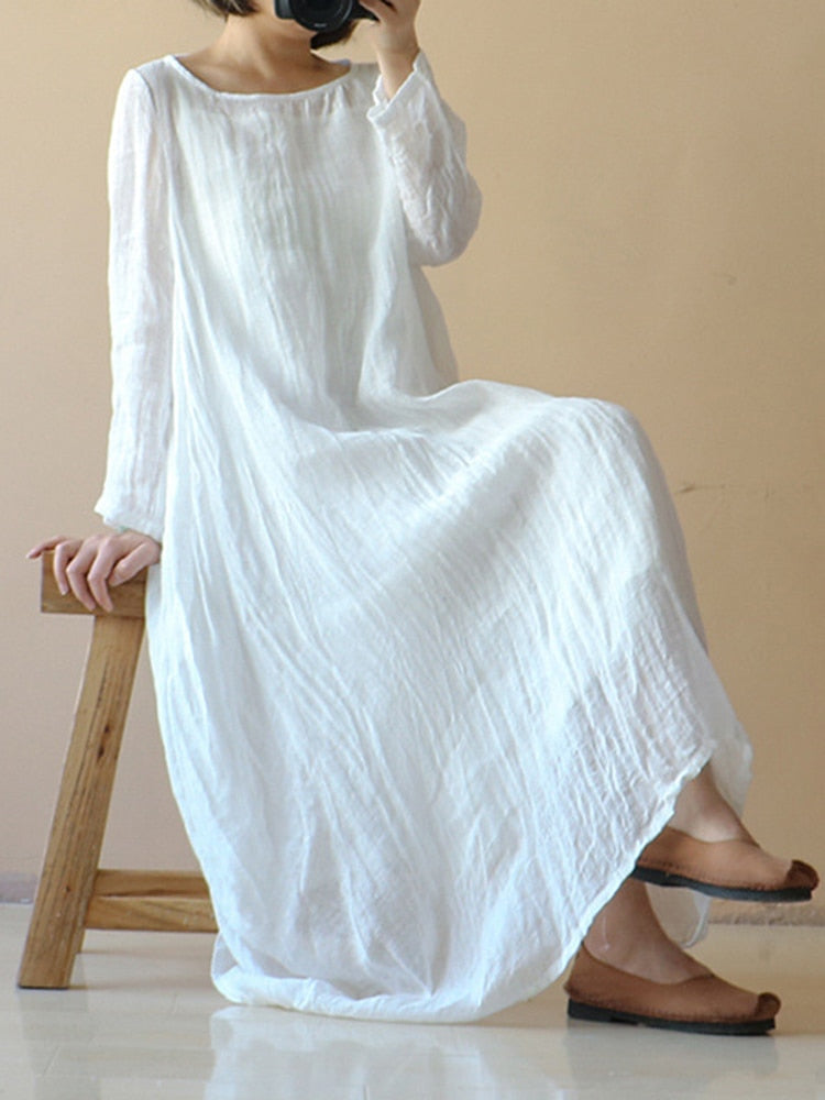 Natural Cotton Loose White Dress With Long Sleeve