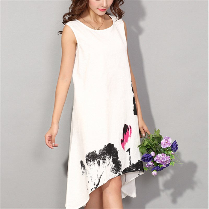 White Linen Sleeveless Lotus Summer Dress