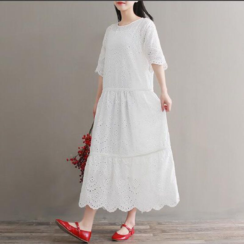 Mori Girl Embroidery Midi Dress Spring Summer Hollow Out White Cotton Dress Short Sleeve Elegant Party Vestido Longo