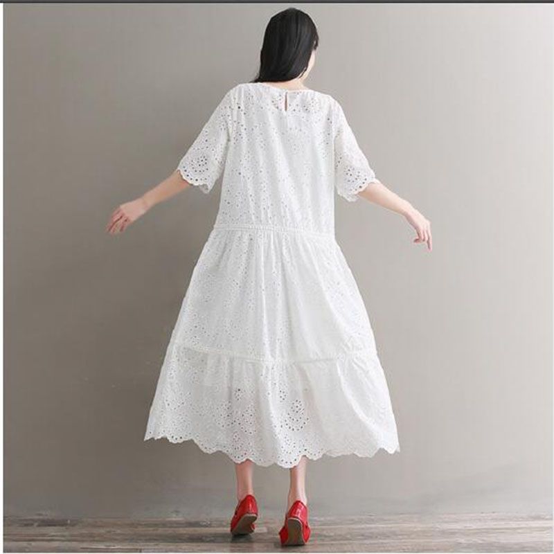 Mori Girl Embroidery Midi Dress Spring Summer Hollow Out White Cotton Dress Short Sleeve Elegant Party Vestido Longo