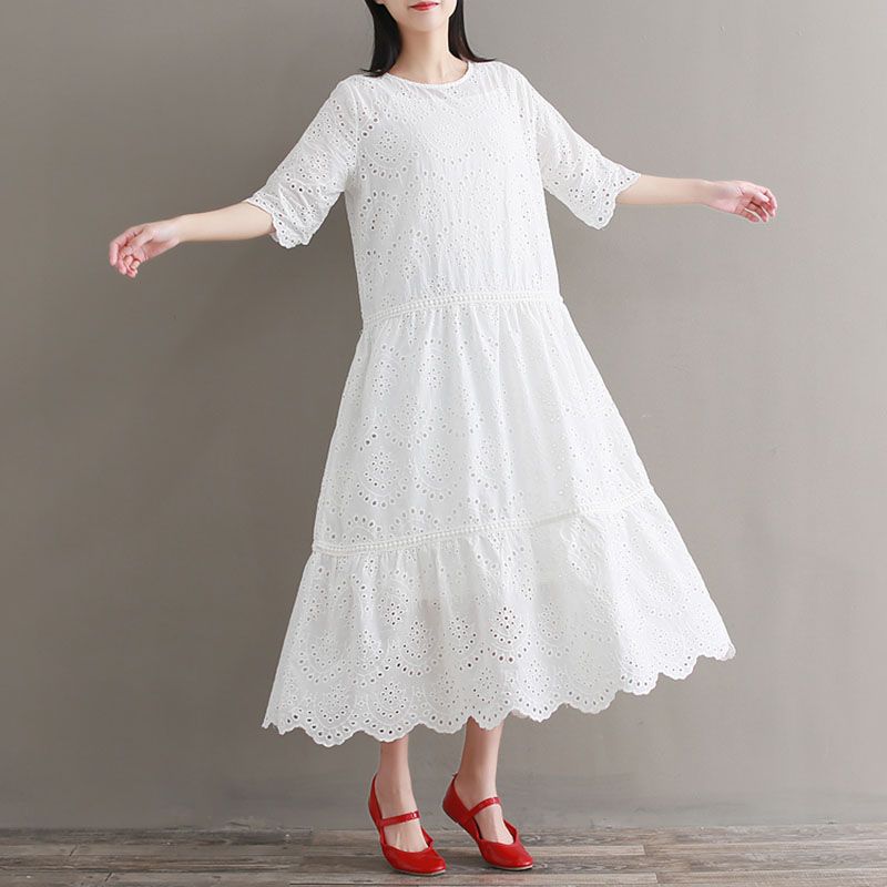 Mori Girl Embroidery Midi Dress Spring Summer Hollow Out White Cotton Dress Short Sleeve Elegant Party Vestido Longo