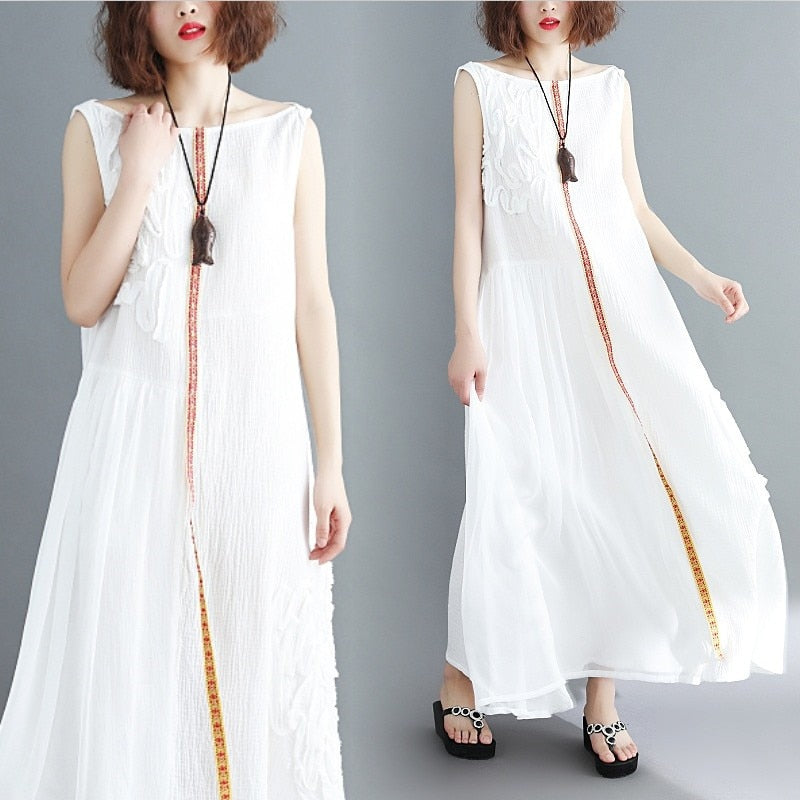 summer women cotton linen long dress white Refreshing sleeveless embroidery solid A-Line Chinese style O-Neck tank dress