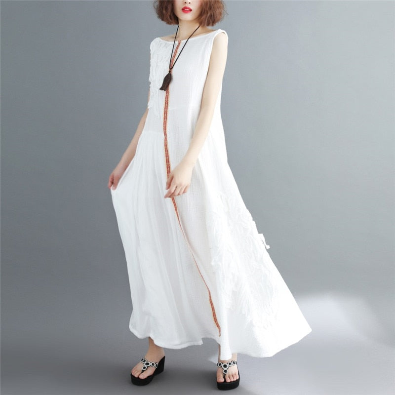 summer women cotton linen long dress white Refreshing sleeveless embroidery solid A-Line Chinese style O-Neck tank dress