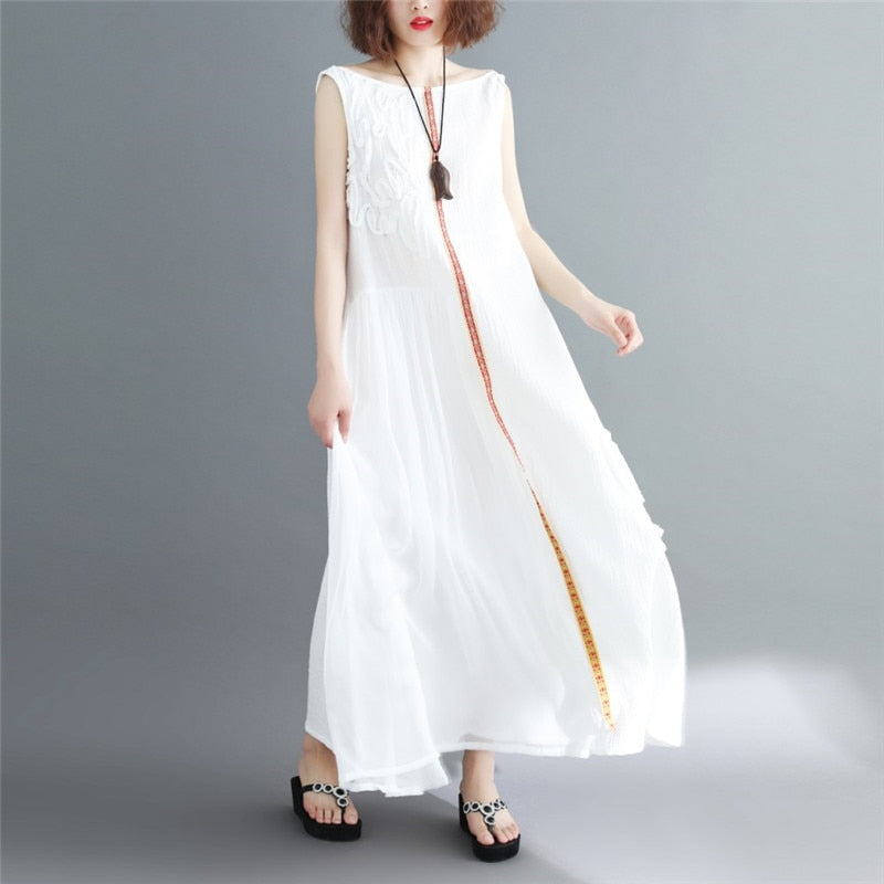 summer women cotton linen long dress white Refreshing sleeveless embroidery solid A-Line Chinese style O-Neck tank dress