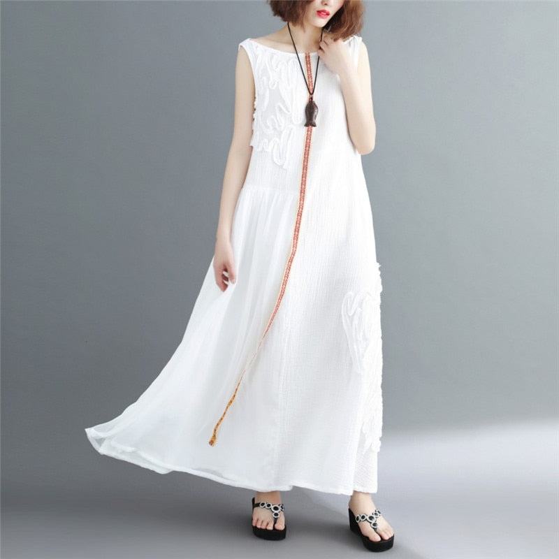 summer women cotton linen long dress white Refreshing sleeveless embroidery solid A-Line Chinese style O-Neck tank dress