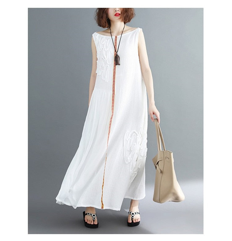 summer women cotton linen long dress white Refreshing sleeveless embroidery solid A-Line Chinese style O-Neck tank dress