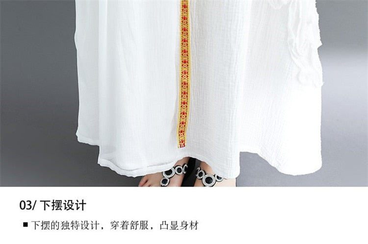 summer women cotton linen long dress white Refreshing sleeveless embroidery solid A-Line Chinese style O-Neck tank dress