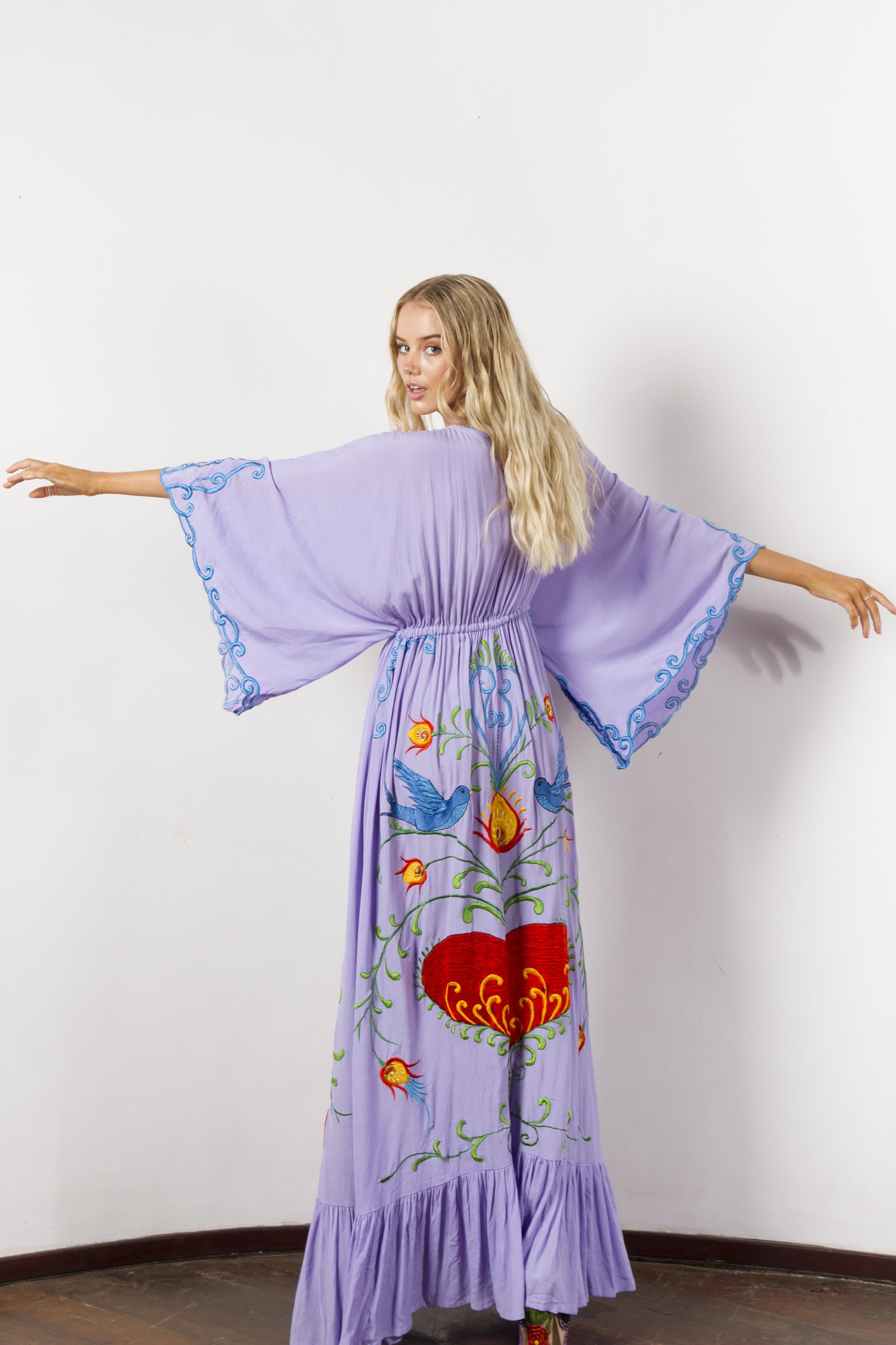 Bohemian Embroidered Flora and Fauna Maxi Cover-Up