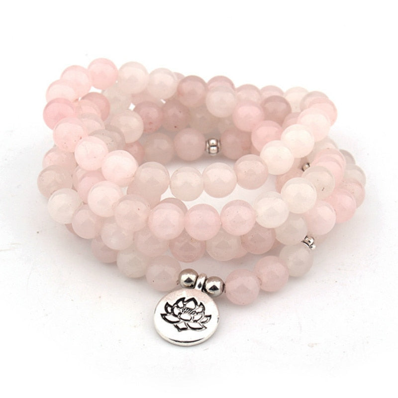 Rose Quartz Mala Bracelet with Lotus OM - 108 beads
