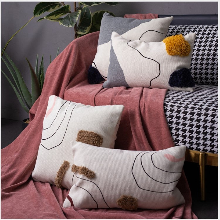 Abstract Handmade Geometric Embroidery Cotton Pillow Cover