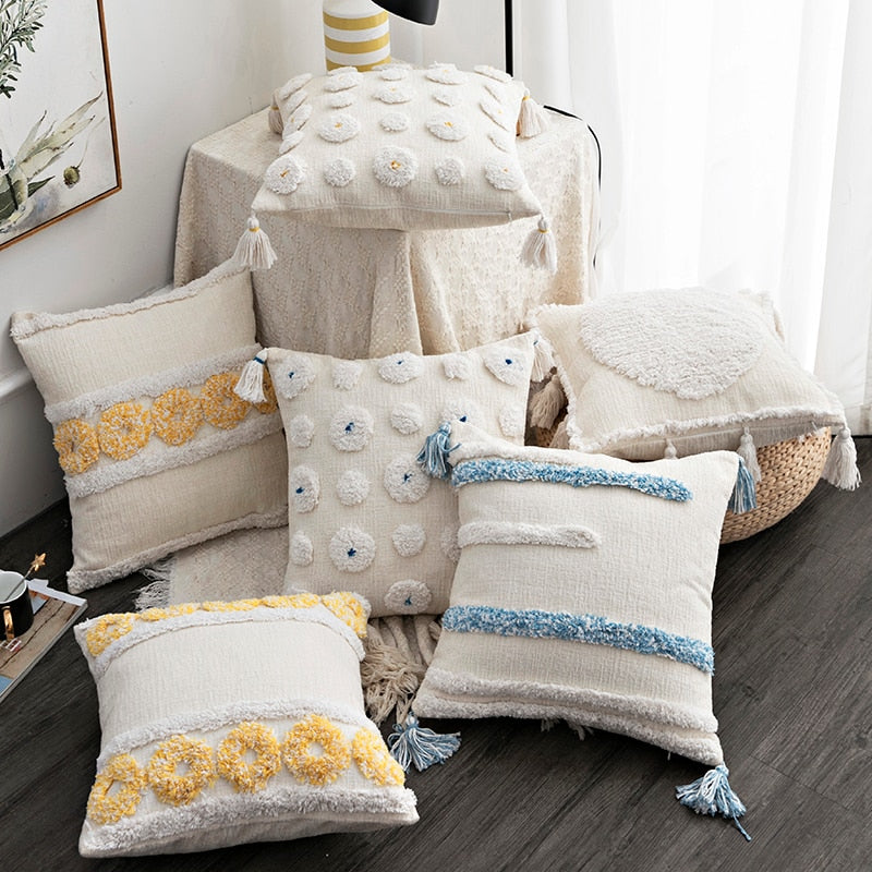 White Boho Style Cushion Plush With Tassels Cotton Pillow Case