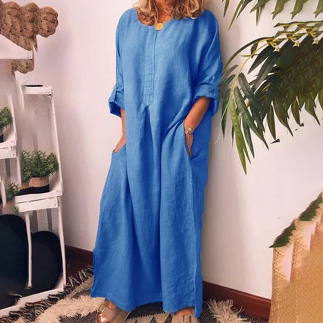 Cotton Linen Oversized Maxi Dress With Pockets