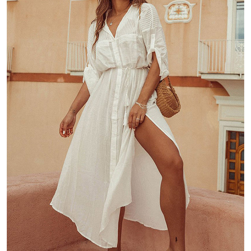 Summer Boho Dress 2019 Cotton Maxi Beach Dress Robe Longue Vestidos Beach Tunic V neck Split White Long Ladies Casual Dress