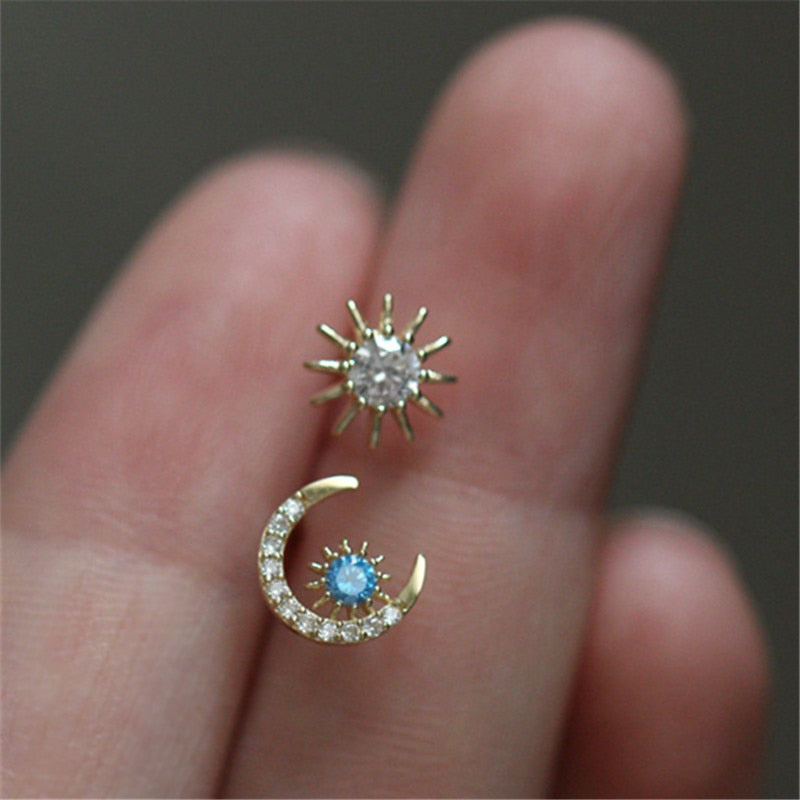 Star Moon Goddess Stud Earrings 925 Sterling Silver / 14k Gold Inlaid Blue Crystal