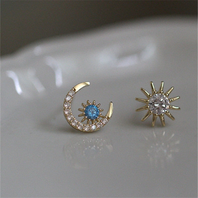 Star Moon Goddess Stud Earrings 925 Sterling Silver / 14k Gold Inlaid Blue Crystal