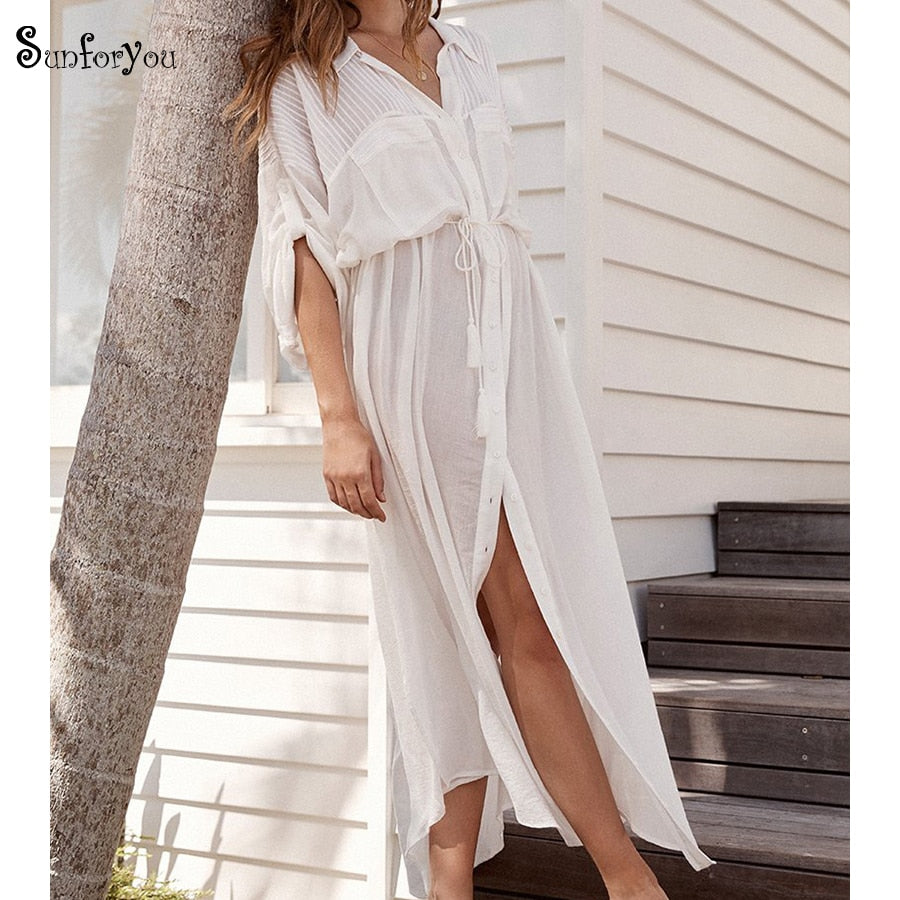 Summer Boho Dress 2019 Cotton Maxi Beach Dress Robe Longue Vestidos Beach Tunic V neck Split White Long Ladies Casual Dress