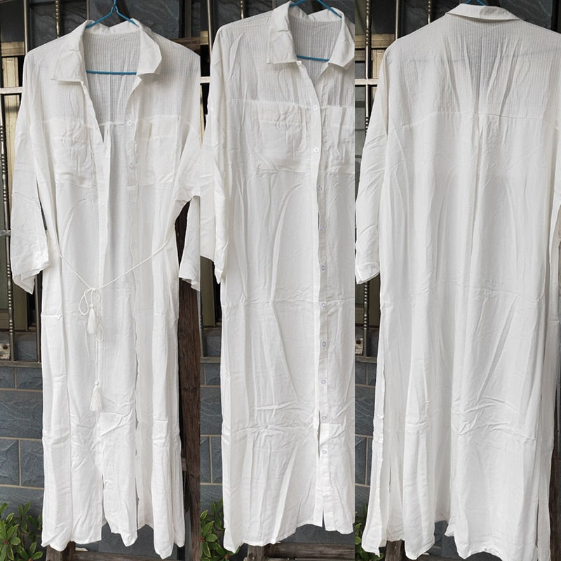 Summer Boho Dress 2019 Cotton Maxi Beach Dress Robe Longue Vestidos Beach Tunic V neck Split White Long Ladies Casual Dress