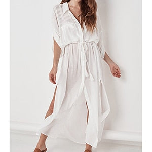 Summer Boho Dress 2019 Cotton Maxi Beach Dress Robe Longue Vestidos Beach Tunic V neck Split White Long Ladies Casual Dress