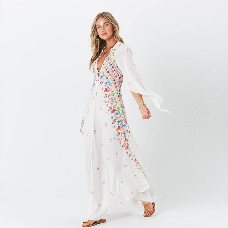 Flare Sleeve Floral Accent Maxi Dress