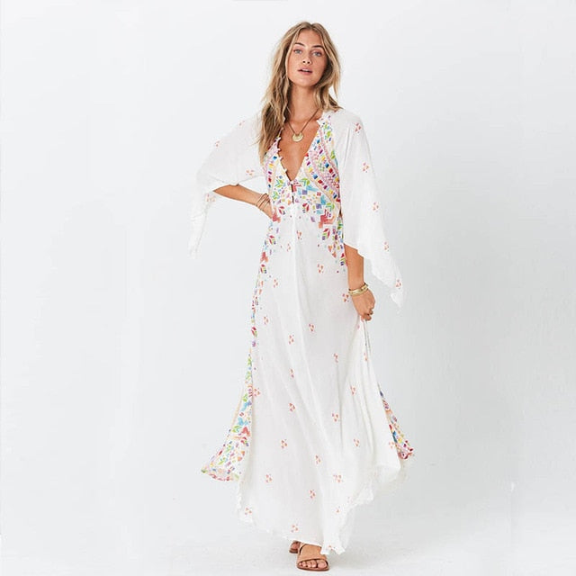 Flare Sleeve Floral Accent Maxi Dress