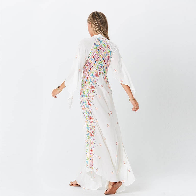 Flare Sleeve Floral Accent Maxi Dress