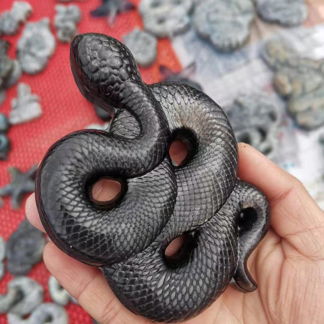 Hand Carved Natural Silver Obsidian Snake Figurine