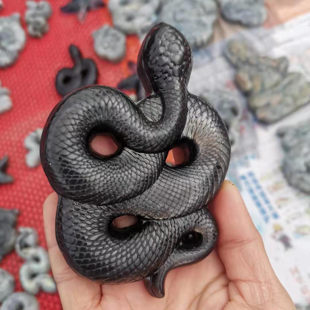 Hand Carved Natural Silver Obsidian Snake Figurine