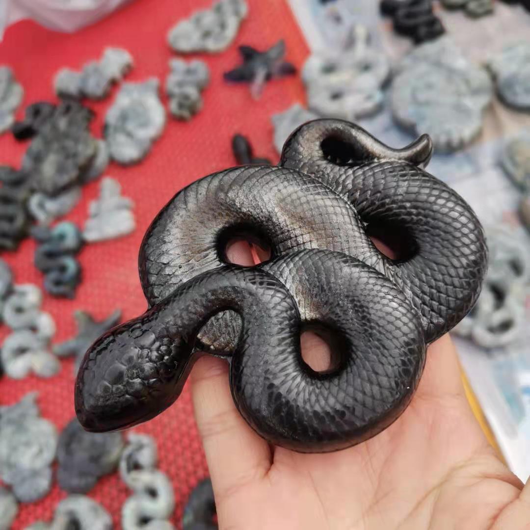 Hand Carved Natural Silver Obsidian Snake Figurine