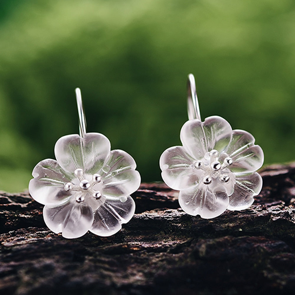 Crystal Flowers Drop Earrings 925 Sterling Silver