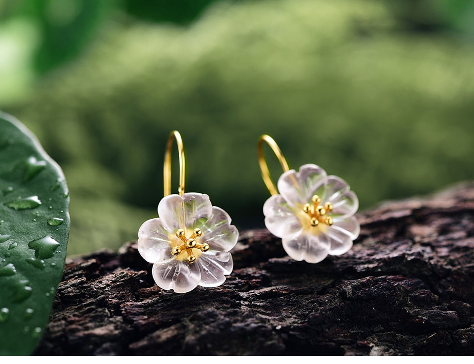 Crystal Flowers Drop Earrings 925 Sterling Silver