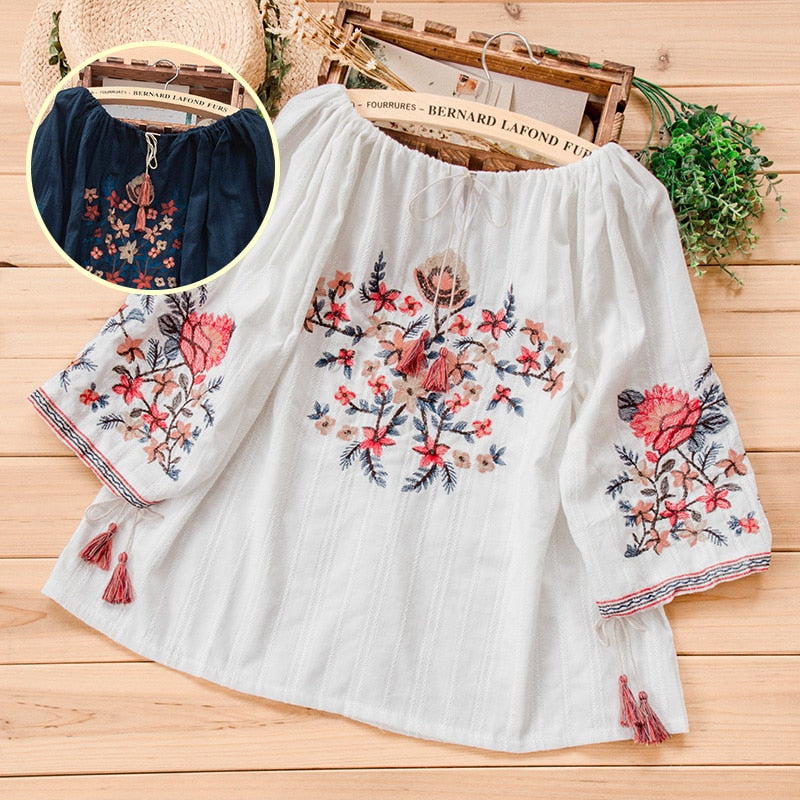 Floral Embroidered Blouse Cotton Linen Blend