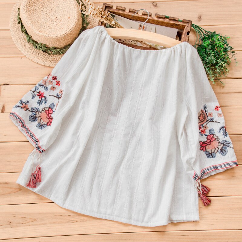 Floral Embroidered Blouse Cotton Linen Blend