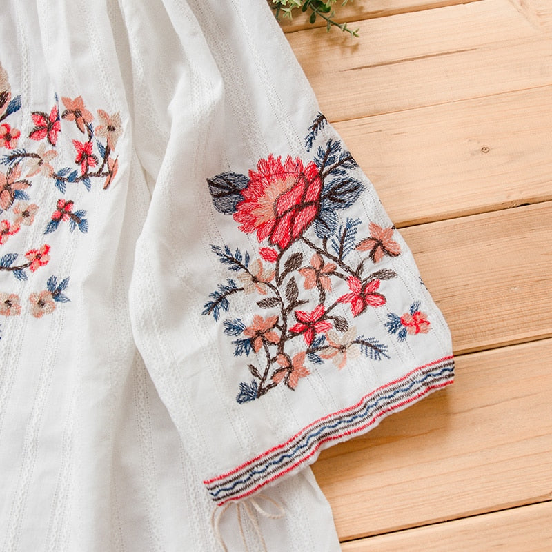 Floral Embroidered Blouse Cotton Linen Blend