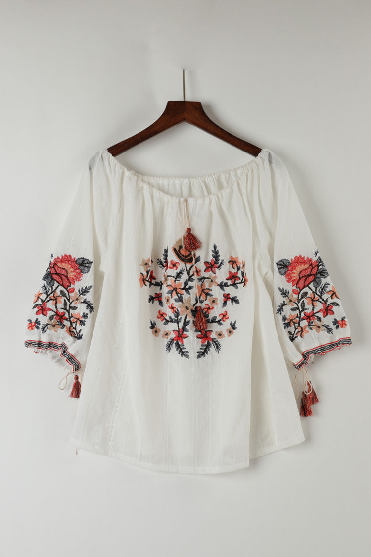 Floral Embroidered Blouse Cotton Linen Blend