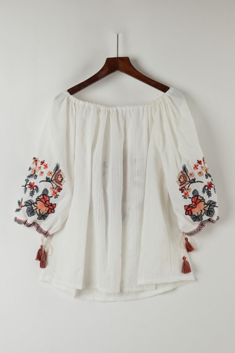 Floral Embroidered Blouse Cotton Linen Blend