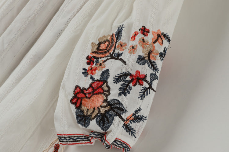 Floral Embroidered Blouse Cotton Linen Blend