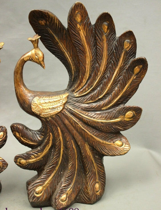 Auspicious Peacock Pairs 14" Bronze Gilt Statues