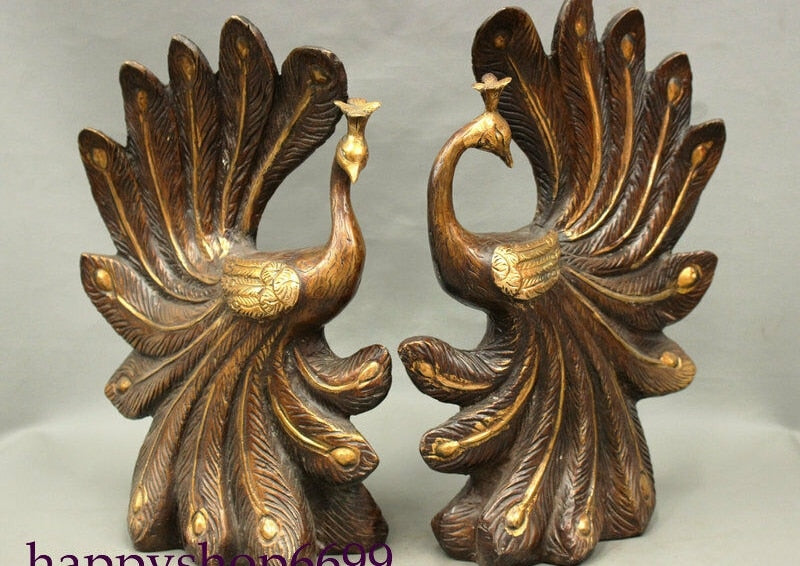 Auspicious Peacock Pairs 14" Bronze Gilt Statues