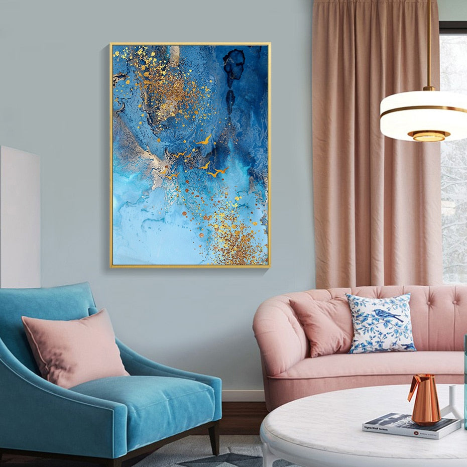 Modern Abstract Gold Blue Marble Canvas Painting