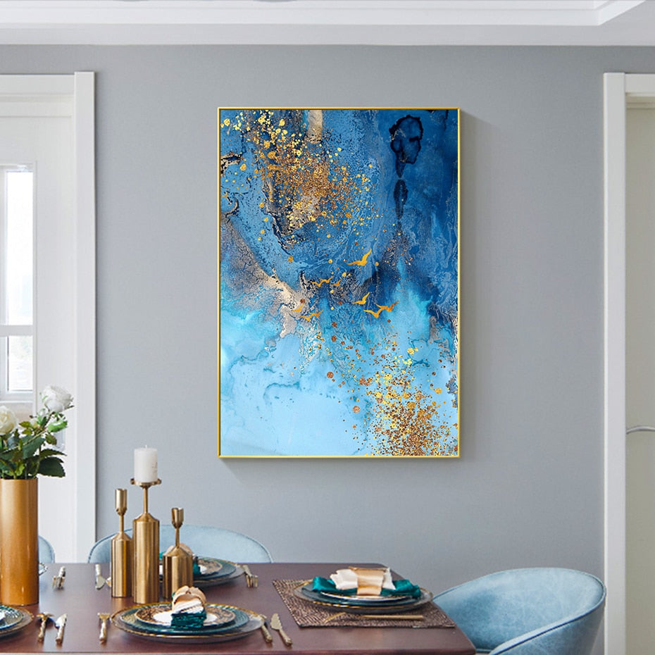 Modern Abstract Gold Blue Marble Canvas Painting