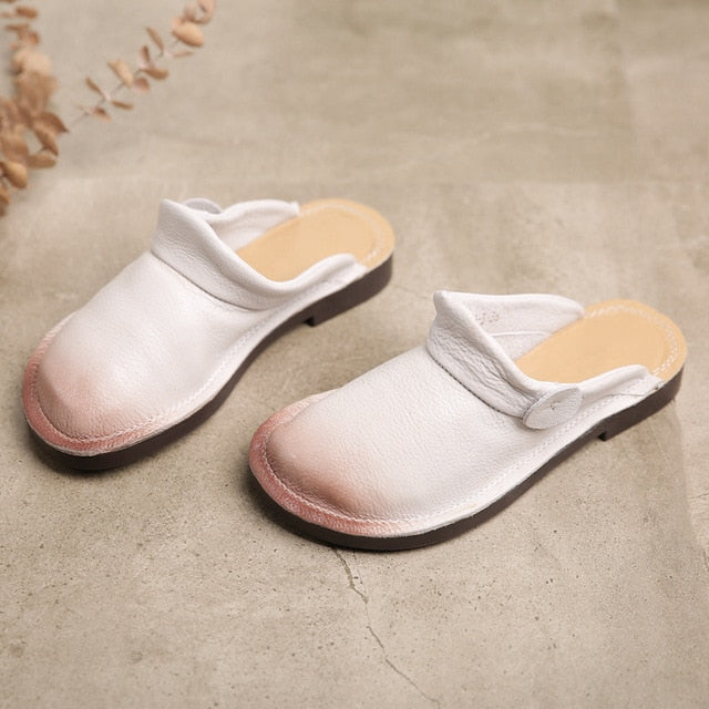 Women Leather Mules White Slippers Genuine Leather